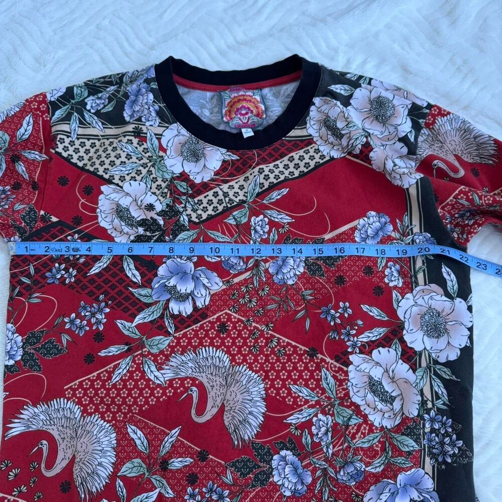 Johnny Was Red Crane High Low Cotton Crewneck Size M - Picture 4 of 5